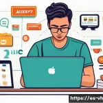 Home 20 다크패턴 예시 및 분석 - A detailed digital illustration of a frustrated Spanish online shopper sitting at a desk with a lapt...