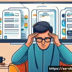 Home 19 다크패턴이 있는 앱 리뷰 - A detailed digital illustration of a frustrated Spanish-speaking user at home, surrounded by multipl...