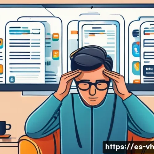 Home 31 다크패턴이 있는 앱 리뷰 - A detailed digital illustration of a frustrated Spanish-speaking user at home, surrounded by multipl...