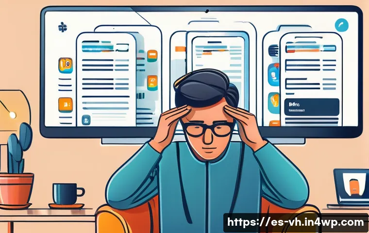 다크패턴이 있는 앱 리뷰 - A detailed digital illustration of a frustrated Spanish-speaking user at home, surrounded by multipl...